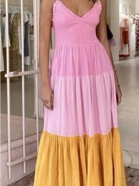 Steele Smocked V-Neck Maxi Dress in Pink and Marigold